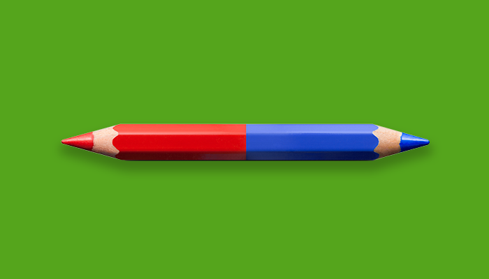 Sharpened pencil with one red side and one blue side